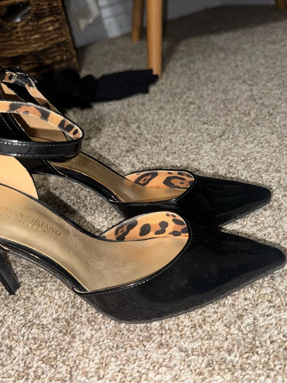 Christian Siriano Black Patent Leopard Ankle Strap Heels
